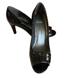 Stuart Weitzman croc embossed open toe heels black 8.5